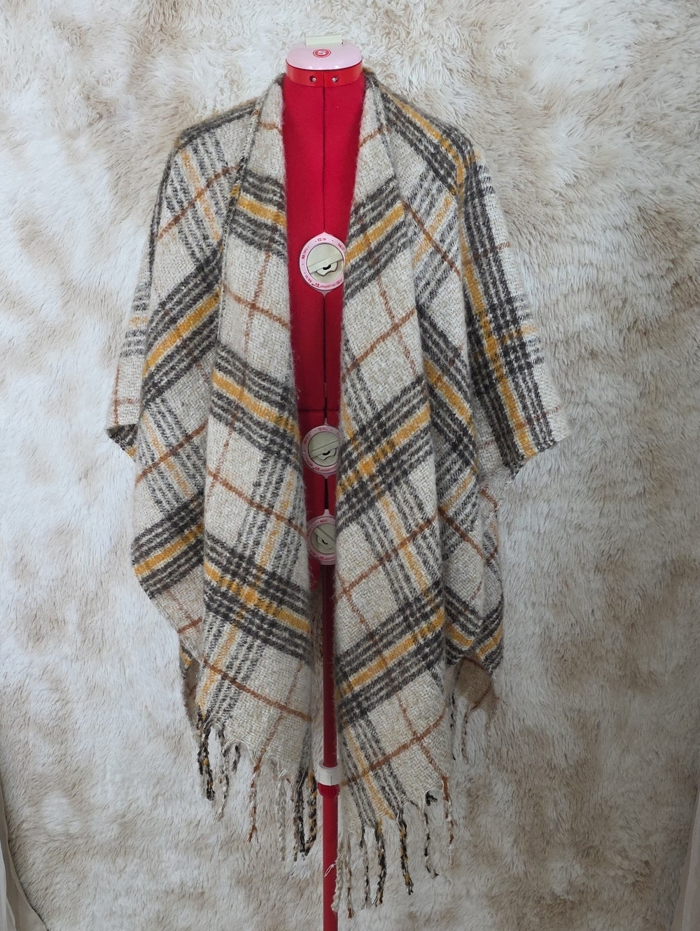 Woolrich Plaid Fringe Ruana Wrap Poncho Shawl One Size Ivory Gray Mustard